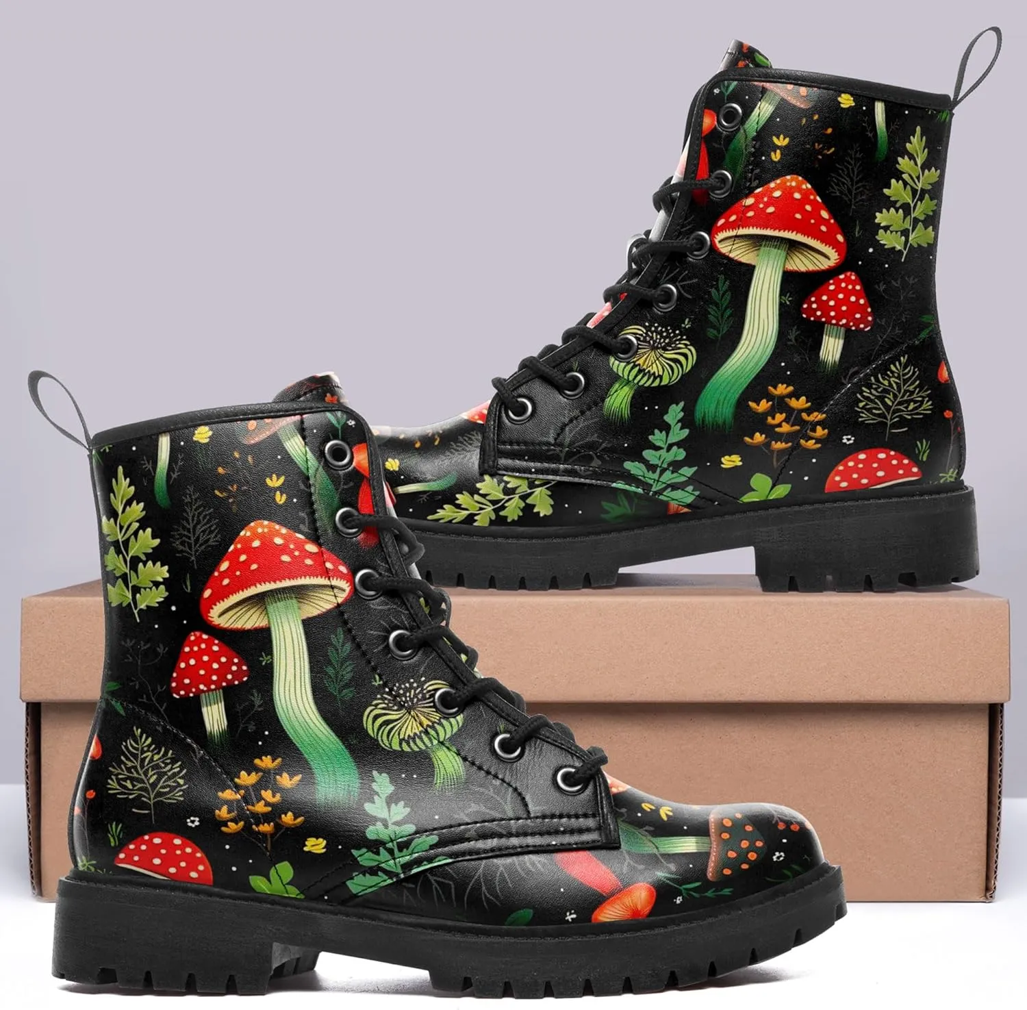 Women's Mid-Calf Combat Boots Leather Lace-Up Booties with Artistic Mushroom and Floral Patterns for Hiking,Daily Wear