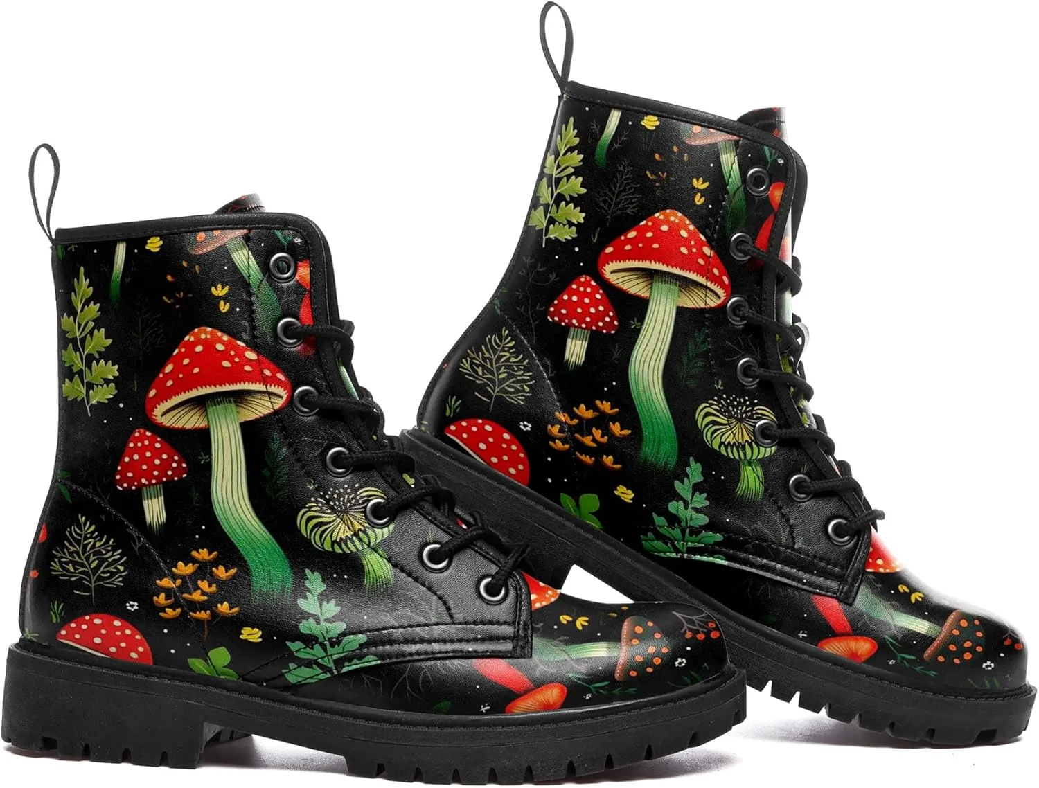 Women's Mid-Calf Combat Boots Leather Lace-Up Booties with Artistic Mushroom and Floral Patterns for Hiking,Daily Wear