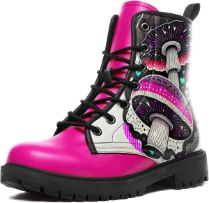 Women's Mid-Calf Combat Boots Leather Lace-Up Booties with Artistic Mushroom and Floral Patterns for Hiking,Daily Wear