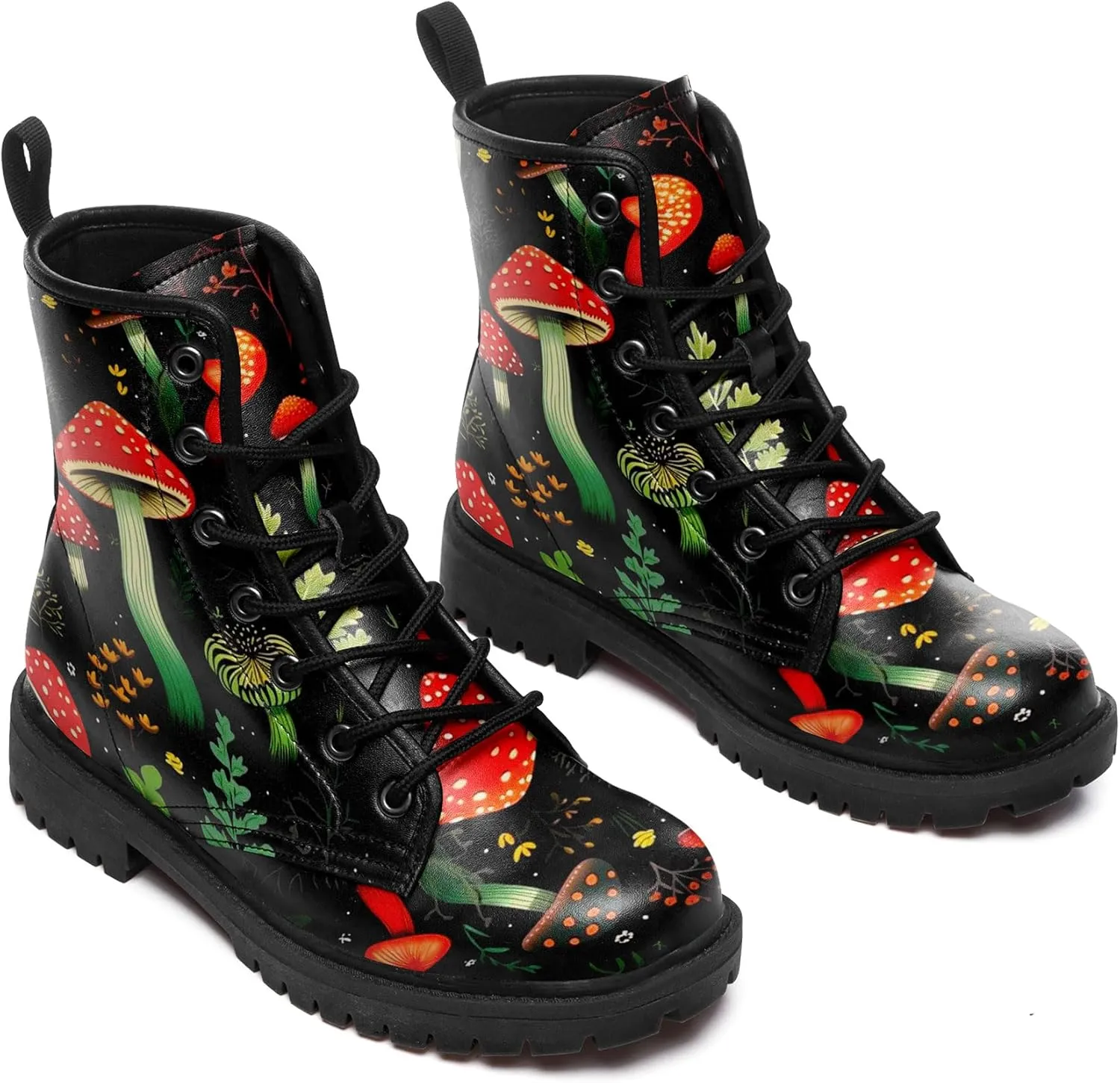 Women's Mid-Calf Combat Boots Leather Lace-Up Booties with Artistic Mushroom and Floral Patterns for Hiking,Daily Wear