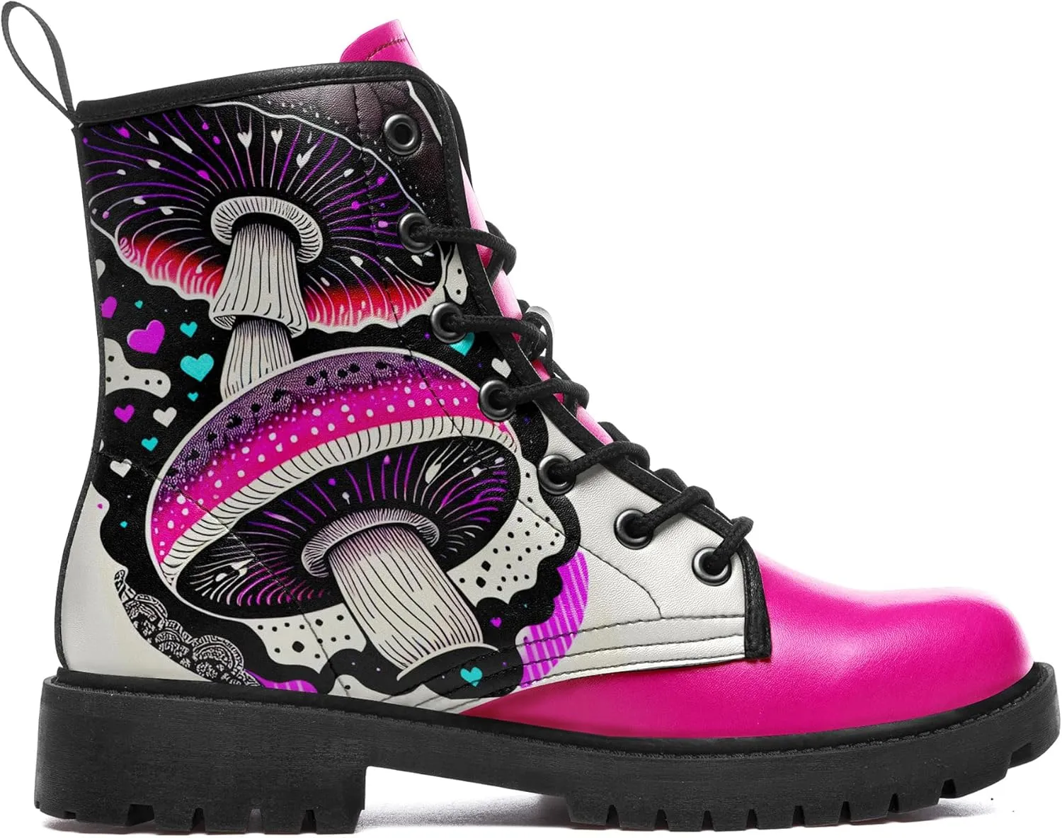 Women's Mid-Calf Combat Boots Leather Lace-Up Booties with Artistic Mushroom and Floral Patterns for Hiking,Daily Wear