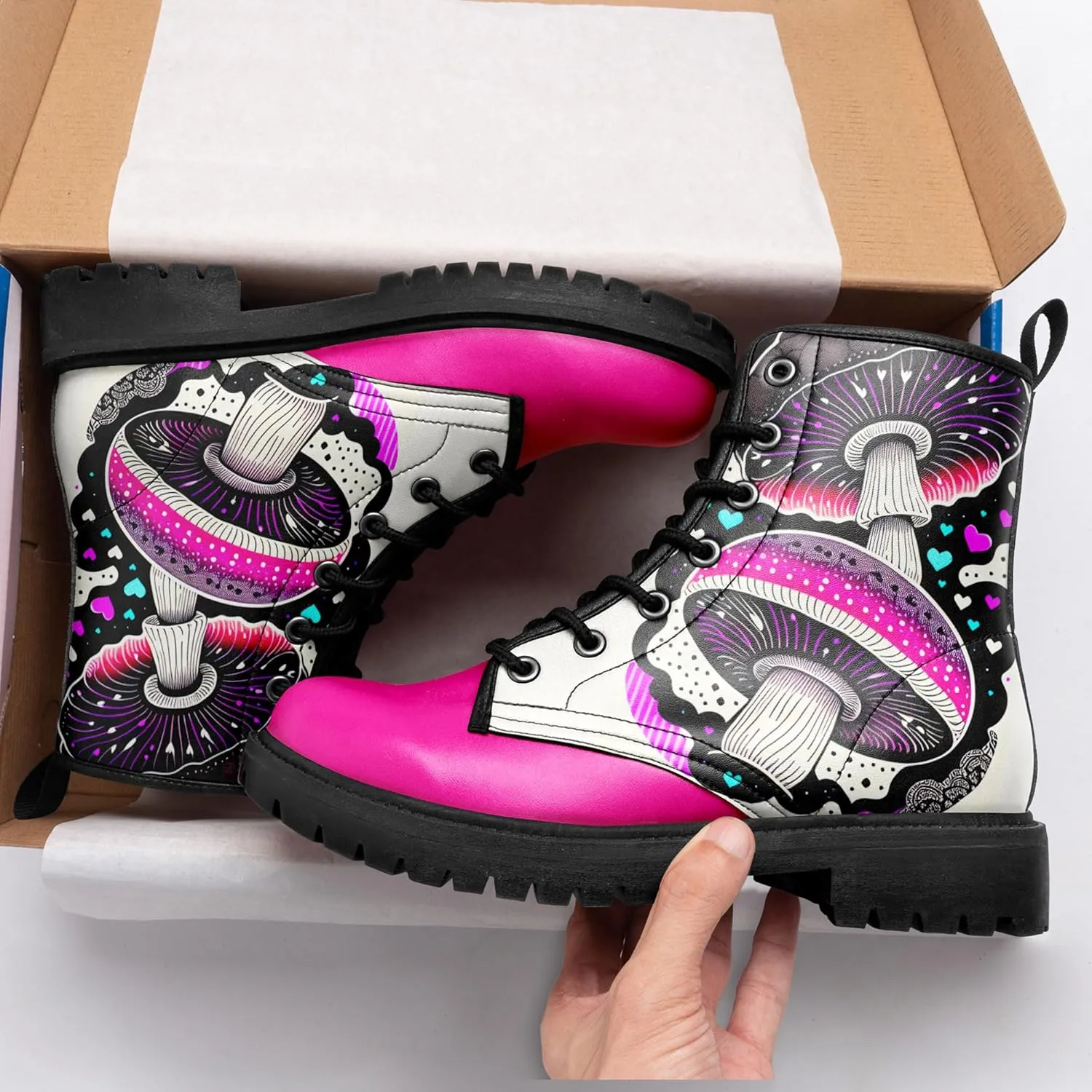 Women's Mid-Calf Combat Boots Leather Lace-Up Booties with Artistic Mushroom and Floral Patterns for Hiking,Daily Wear