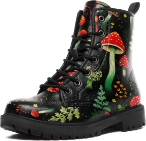 Women's Mid-Calf Combat Boots Leather Lace-Up Booties with Artistic Mushroom and Floral Patterns for Hiking,Daily Wear