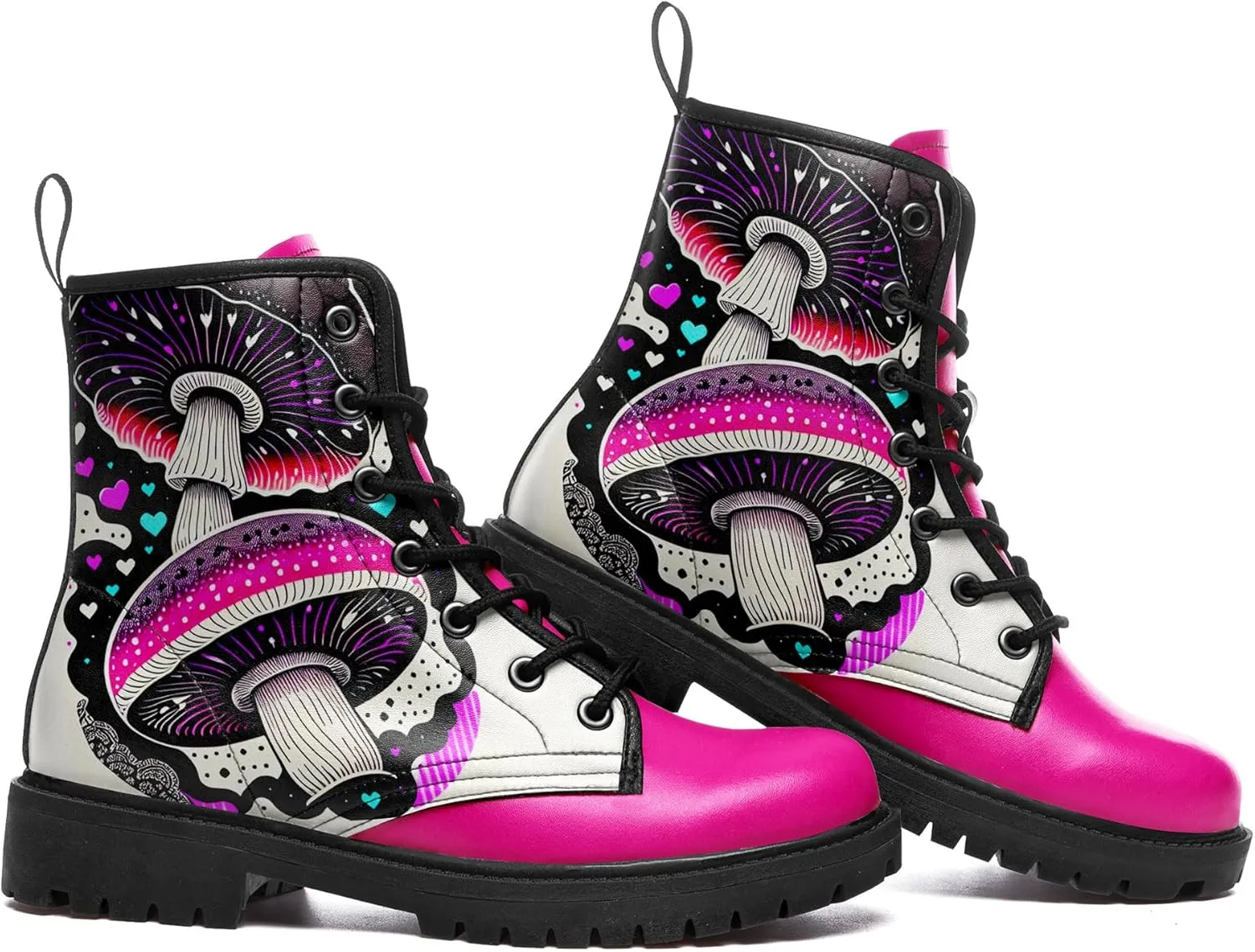Women's Mid-Calf Combat Boots Leather Lace-Up Booties with Artistic Mushroom and Floral Patterns for Hiking,Daily Wear