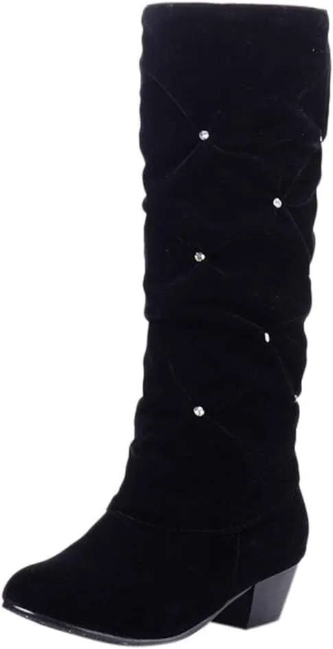 Womens Mid Calf Rhinestone Boots Fashion Round Toe Low Heel Knee High Riding Boot Soft Slouchy Boot Party Bling Shoes