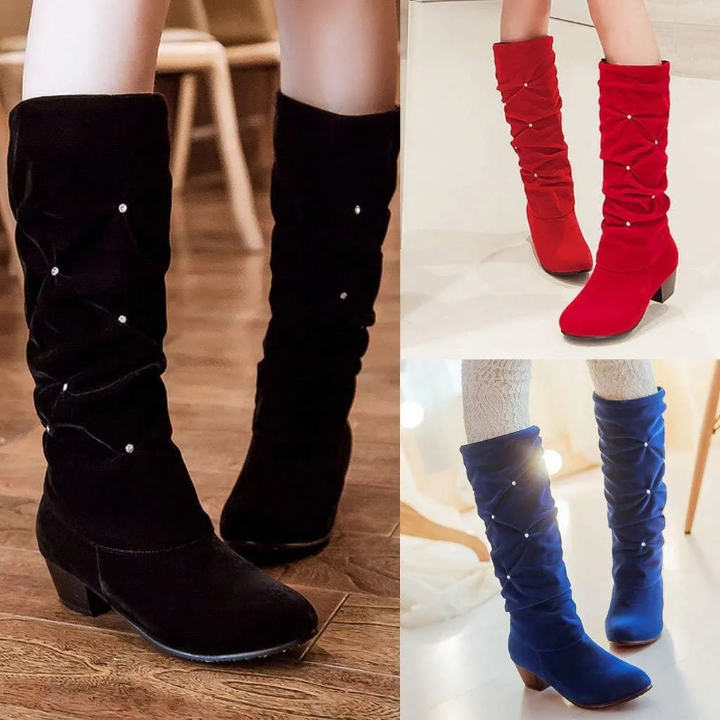Womens Mid Calf Rhinestone Boots Fashion Round Toe Low Heel Knee High Riding Boot Soft Slouchy Boot Party Bling Shoes