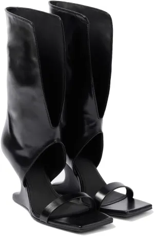 Women's Open Toe Knee High Boots Block Heel Sandals Unique Shape Wedge Heel Mid-Calf Boots Black Dress High Heels for Summer