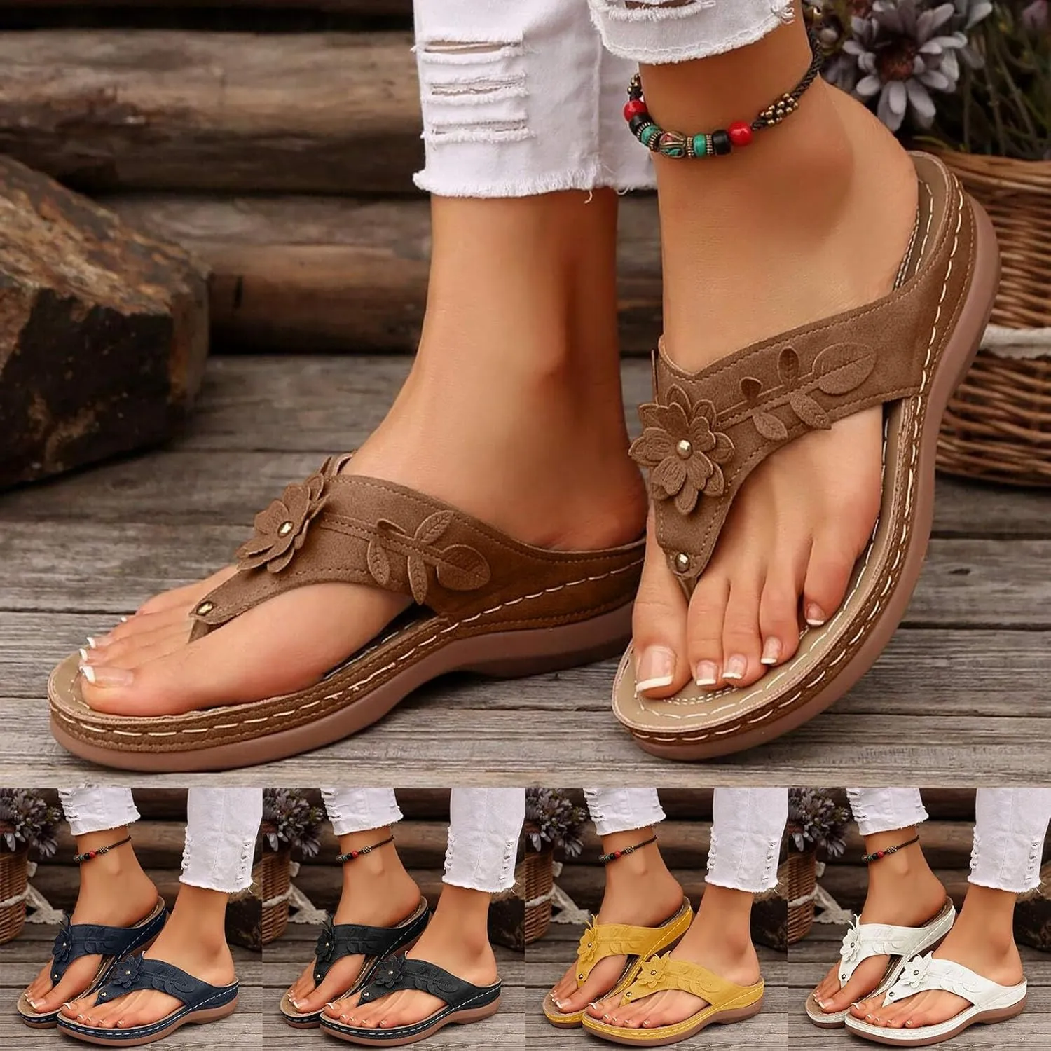 Women's Orthotic Cushion Flip Flops Recovery Walking Sandals for Women Flowers Thong T-Strap Casual Flat Slippers Plantar Fasciitis Bunion Wedge Slide Comfortable Dressy Summer Womens Beach Shoes