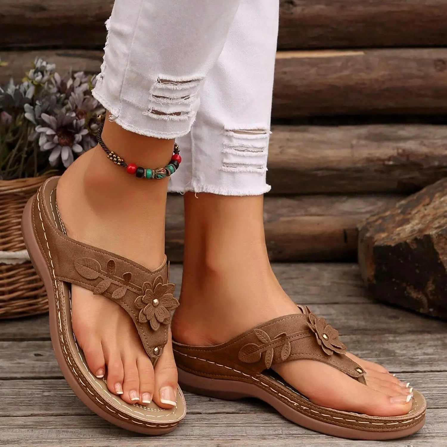 Women's Orthotic Cushion Flip Flops Recovery Walking Sandals for Women Flowers Thong T-Strap Casual Flat Slippers Plantar Fasciitis Bunion Wedge Slide Comfortable Dressy Summer Womens Beach Shoes