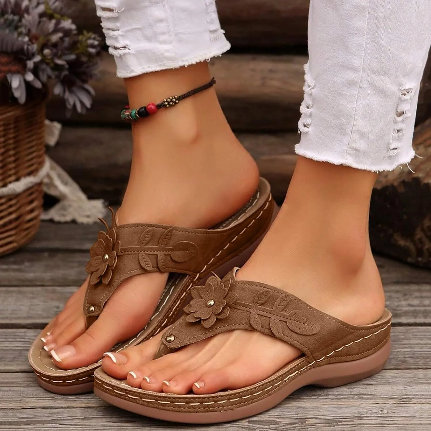 Women's Orthotic Cushion Flip Flops Recovery Walking Sandals for Women Flowers Thong T-Strap Casual Flat Slippers Plantar Fasciitis Bunion Wedge Slide Comfortable Dressy Summer Womens Beach Shoes