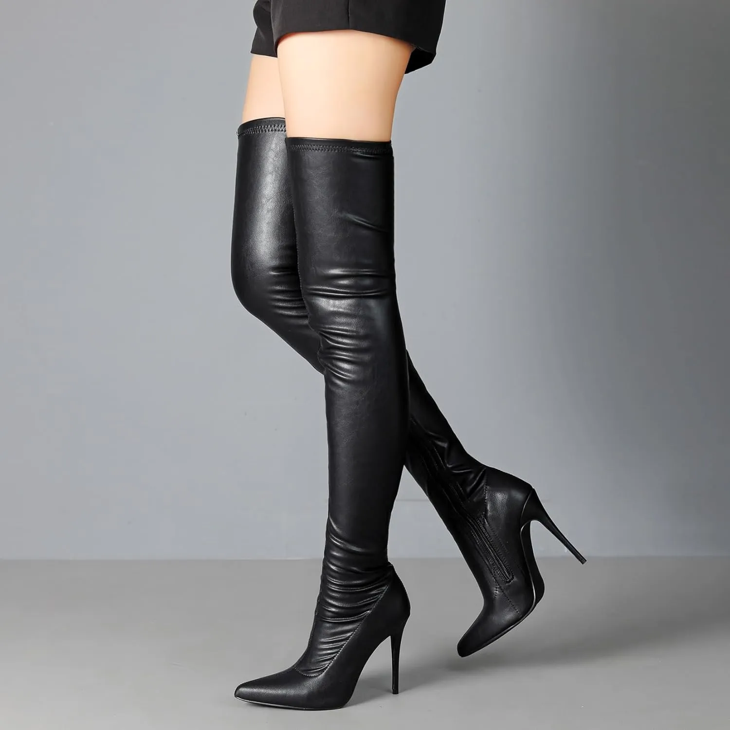 Women's Over The Knee Boots High Heels Zipper PU Leather Thigh High Boot