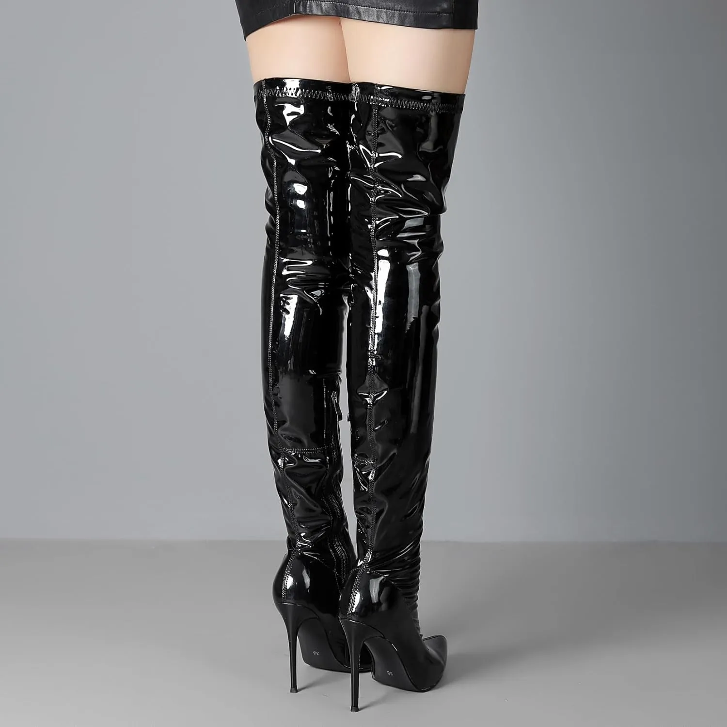 Women's Over The Knee Boots High Heels Zipper PU Leather Thigh High Boot