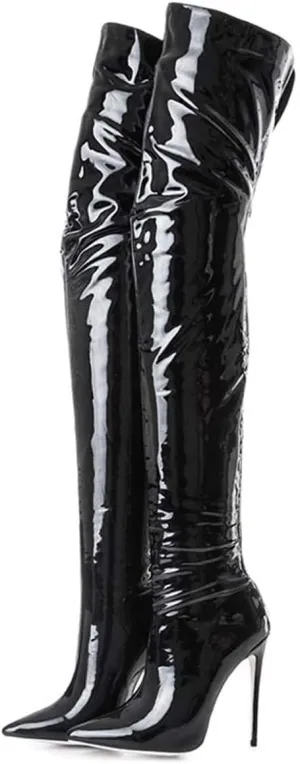 Women's Over The Knee Boots High Heels Zipper PU Leather Thigh High Boot