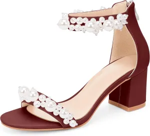 Women's Pearl Decoration Ankle Strap Sandals Chunky Block Heel Wedding Party Shoes