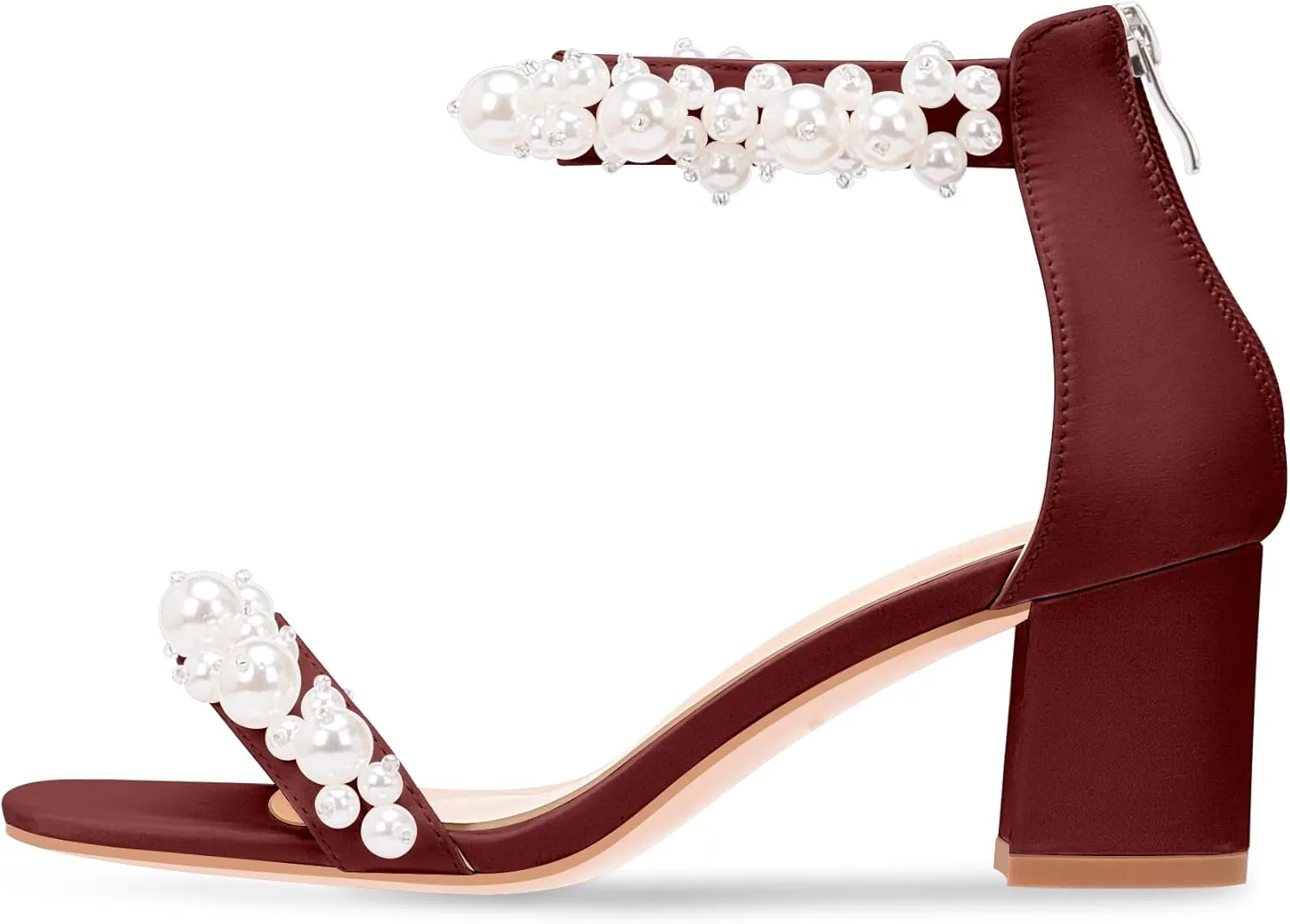 Women's Pearl Decoration Ankle Strap Sandals Chunky Block Heel Wedding Party Shoes