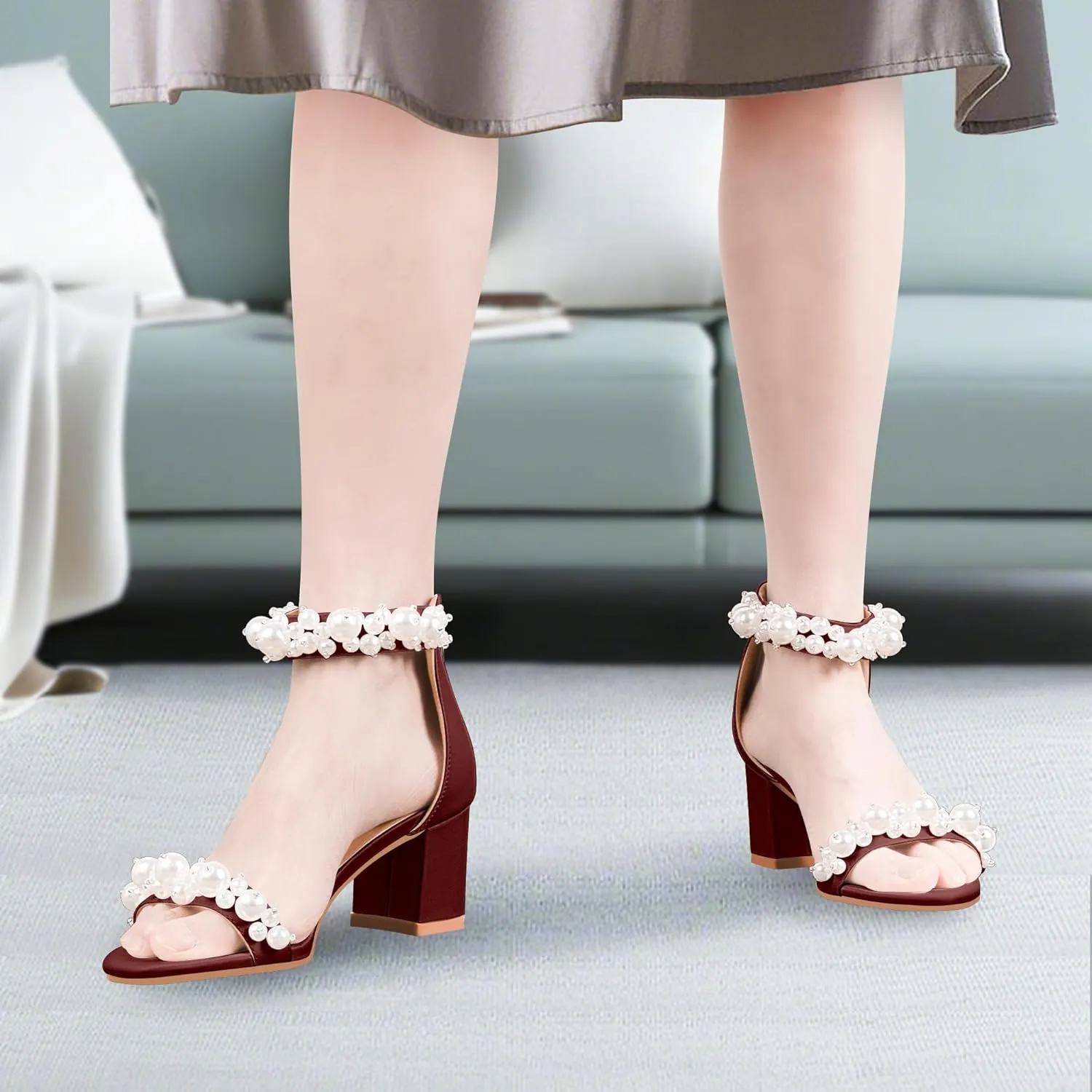 Women's Pearl Decoration Ankle Strap Sandals Chunky Block Heel Wedding Party Shoes