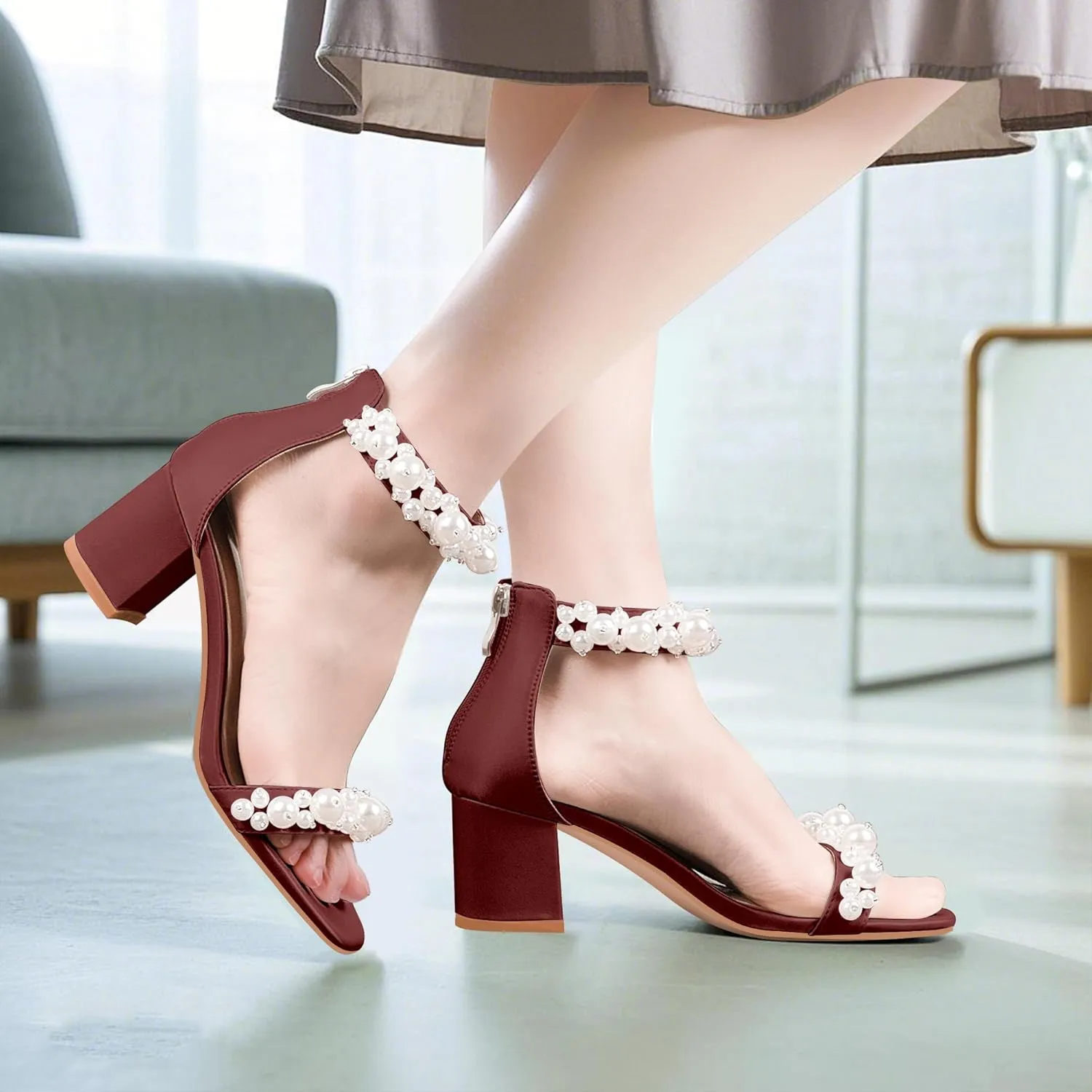 Women's Pearl Decoration Ankle Strap Sandals Chunky Block Heel Wedding Party Shoes