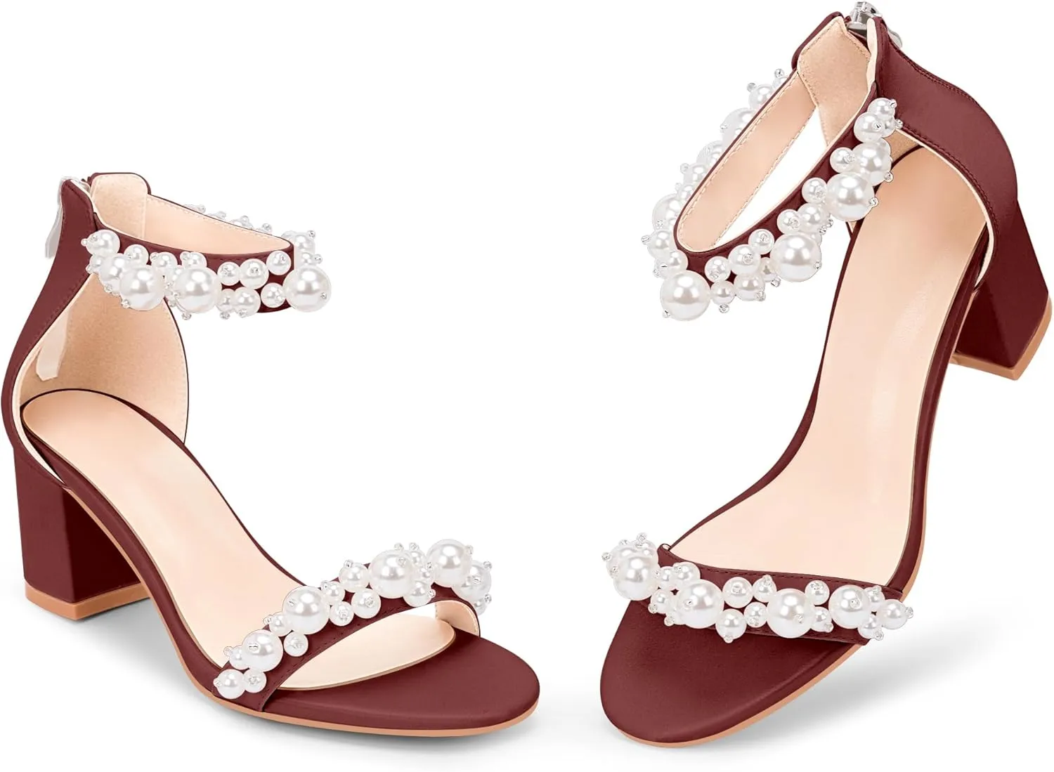 Women's Pearl Decoration Ankle Strap Sandals Chunky Block Heel Wedding Party Shoes