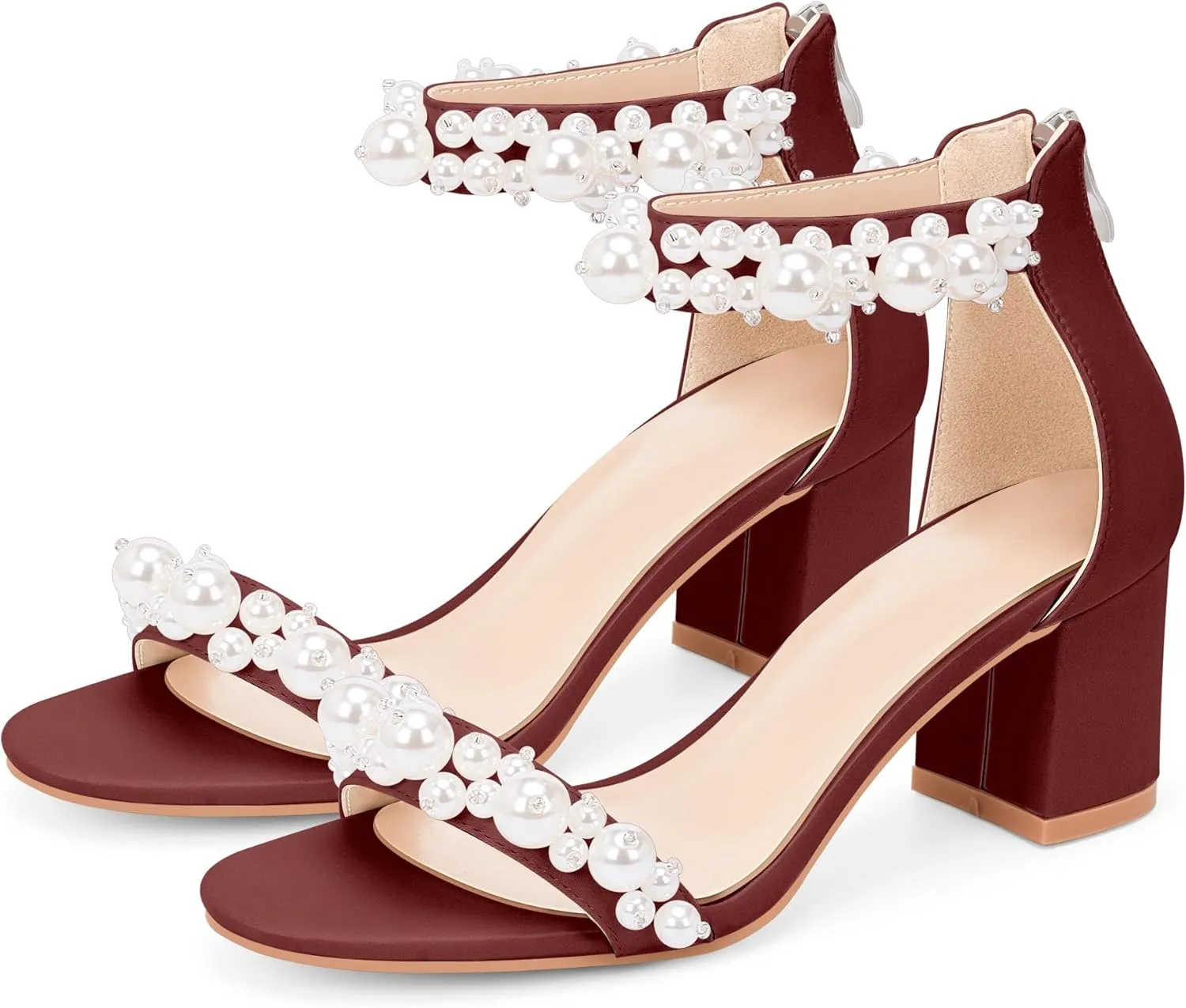 Women's Pearl Decoration Ankle Strap Sandals Chunky Block Heel Wedding Party Shoes