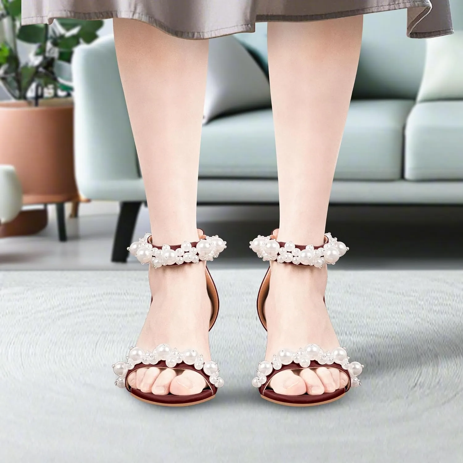 Women's Pearl Decoration Ankle Strap Sandals Chunky Block Heel Wedding Party Shoes