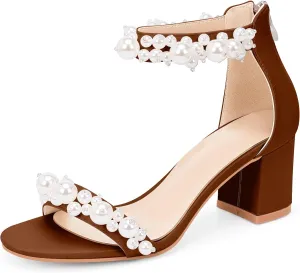 Women's Pearl Decoration Ankle Strap Sandals Chunky Block Heel Wedding Party Shoes