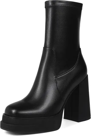 Women's Platform Ankle Boots Square Toe High Chunky Heel Booties