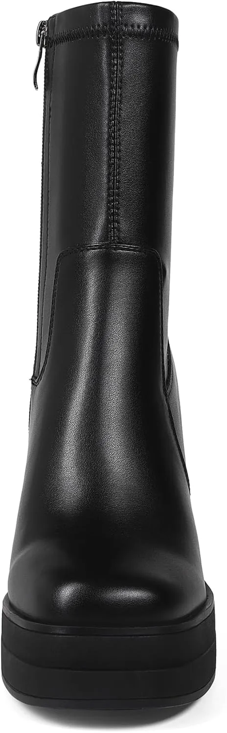 Women's Platform Ankle Boots Square Toe High Chunky Heel Booties