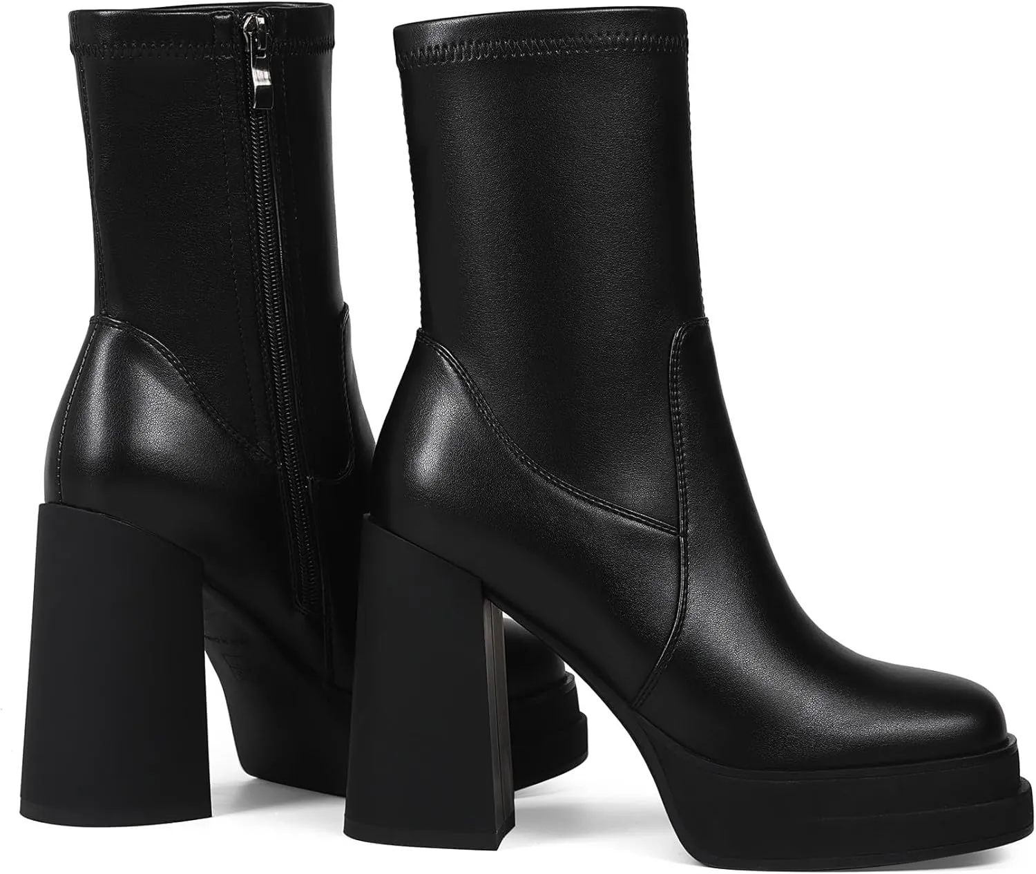 Women's Platform Ankle Boots Square Toe High Chunky Heel Booties