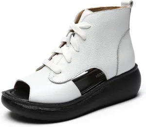 Women's Platform Leather Casual open toe Wedge Sandals,Comfort Breathable Slip-On Hollow Out Lace Up Roman Sandals,Lightweight Round Toe High Top Walking Dress Shoes