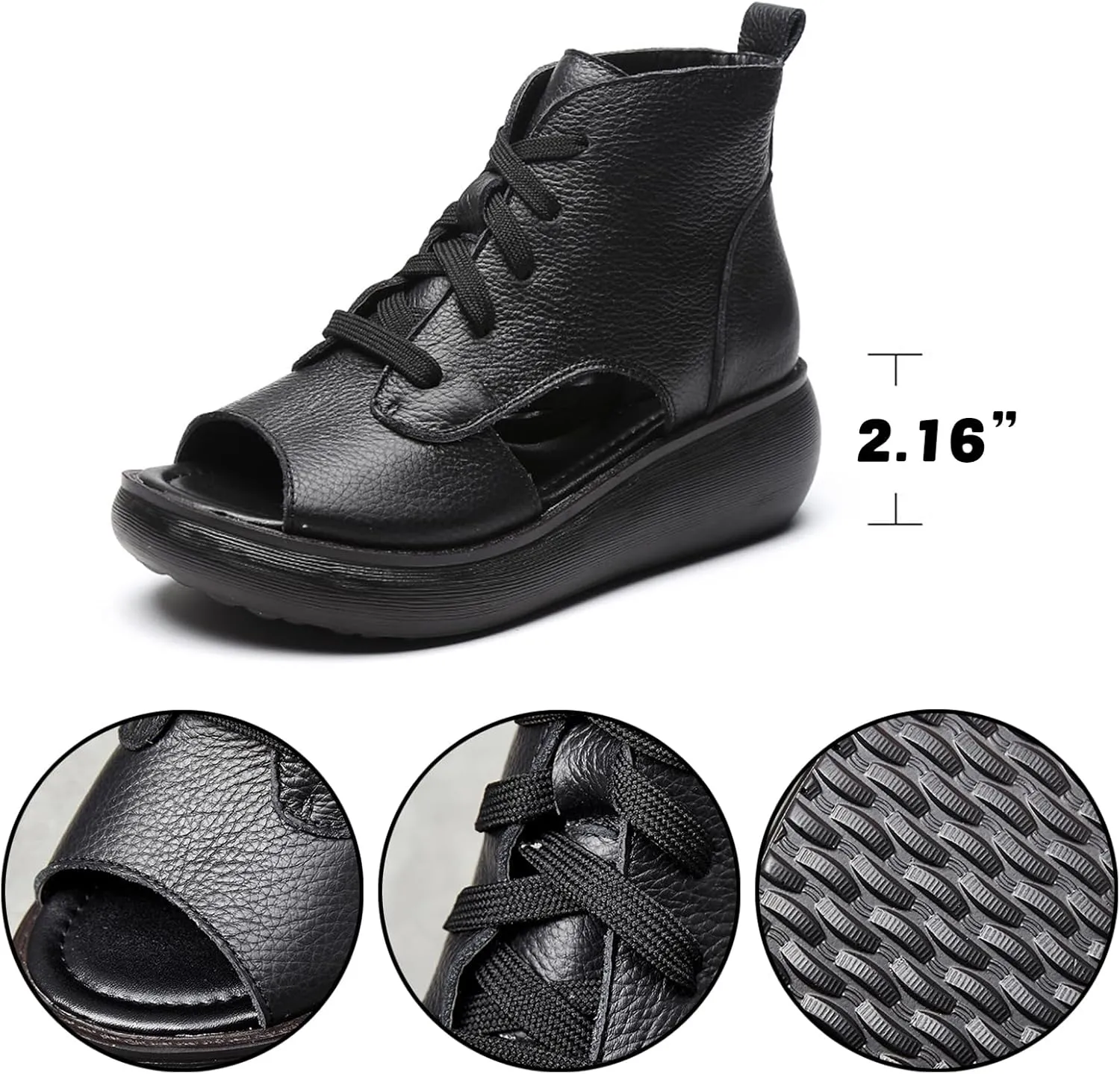 Women's Platform Leather Casual open toe Wedge Sandals,Comfort Breathable Slip-On Hollow Out Lace Up Roman Sandals,Lightweight Round Toe High Top Walking Dress Shoes