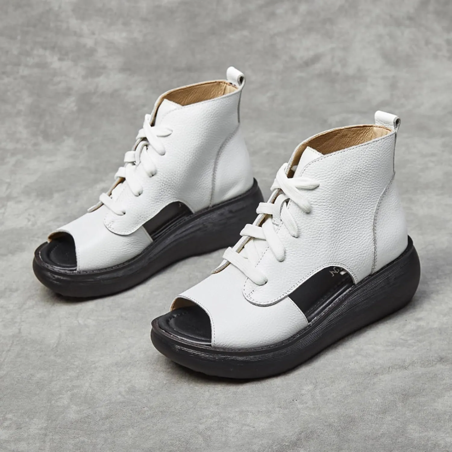 Women's Platform Leather Casual open toe Wedge Sandals,Comfort Breathable Slip-On Hollow Out Lace Up Roman Sandals,Lightweight Round Toe High Top Walking Dress Shoes