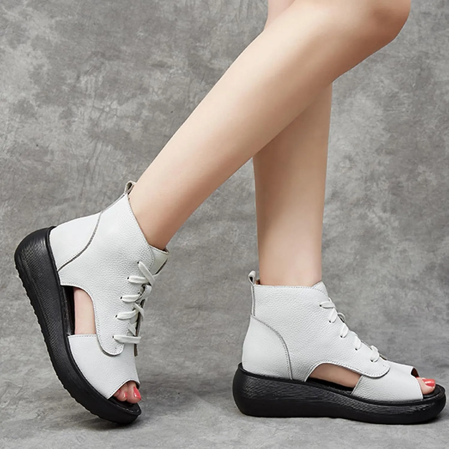 Women's Platform Leather Casual open toe Wedge Sandals,Comfort Breathable Slip-On Hollow Out Lace Up Roman Sandals,Lightweight Round Toe High Top Walking Dress Shoes