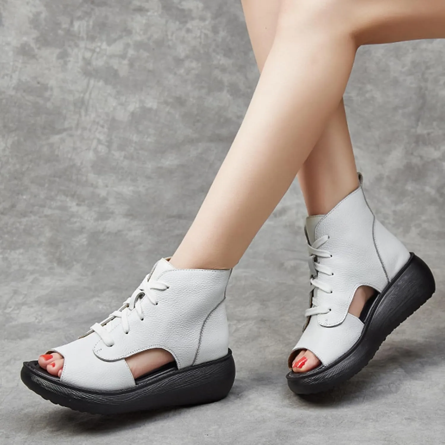 Women's Platform Leather Casual open toe Wedge Sandals,Comfort Breathable Slip-On Hollow Out Lace Up Roman Sandals,Lightweight Round Toe High Top Walking Dress Shoes