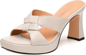 Womens Platform Sandals, Block High Heel Open Toe Slip-on Sandals for Women, Woven Straps Heeled Slippers with Leather Insole 3.3"