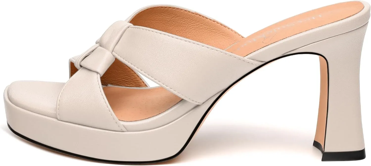 Womens Platform Sandals, Block High Heel Open Toe Slip-on Sandals for Women, Woven Straps Heeled Slippers with Leather Insole 3.3"