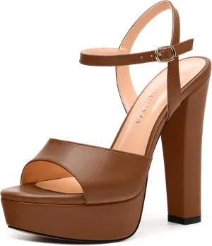 Womens Platform Sandals Open Toe Buckle Ankle Strap Fashion Solid Matte Heeled Sandals 5 inch