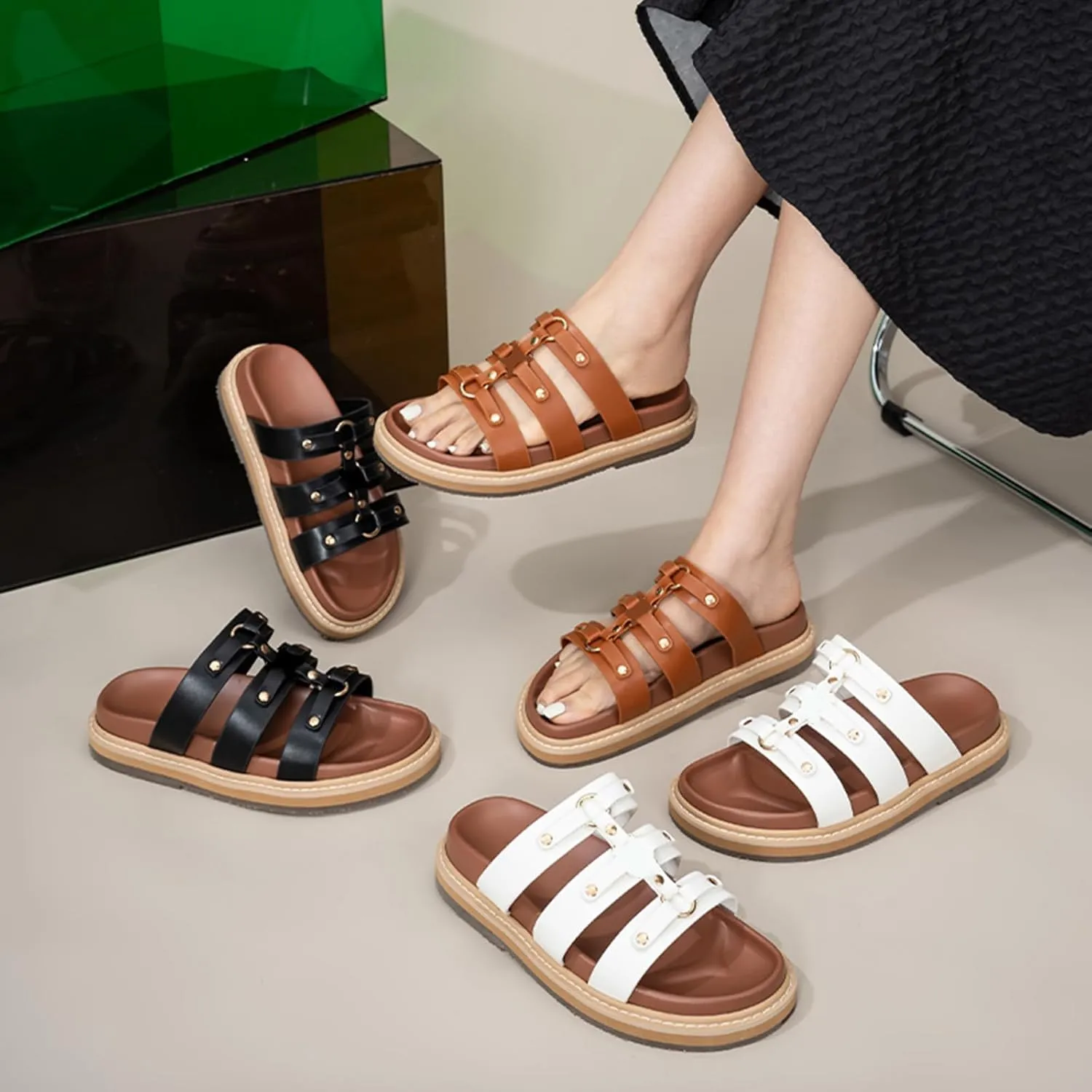 Women's Platform Sandals Summer Casual Slip On Beach Sandals Raffia Flat Sandals