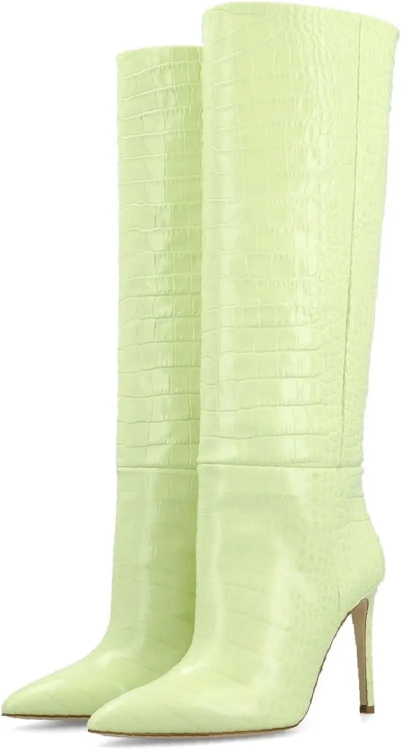Women's Pointed Toe High Stiletto Heel Knee High Boots 3.94Inch/10cm Fashion Crocodile Calf Width Pull On High Heel Tall Boots Fall Winter Dressy Long Boots for Women