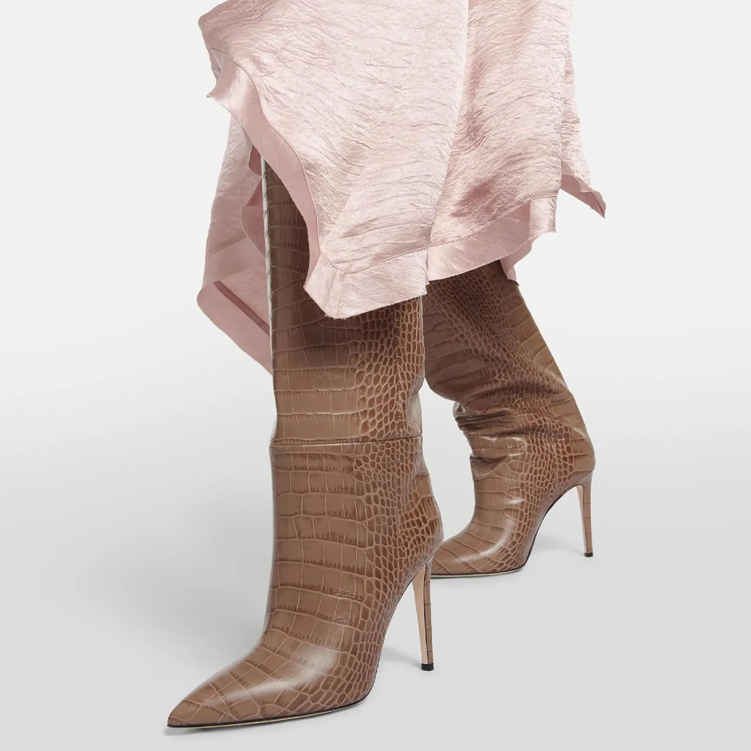 Women's Pointed Toe High Stiletto Heel Knee High Boots 3.94Inch/10cm Fashion Crocodile Calf Width Pull On High Heel Tall Boots Fall Winter Dressy Long Boots for Women