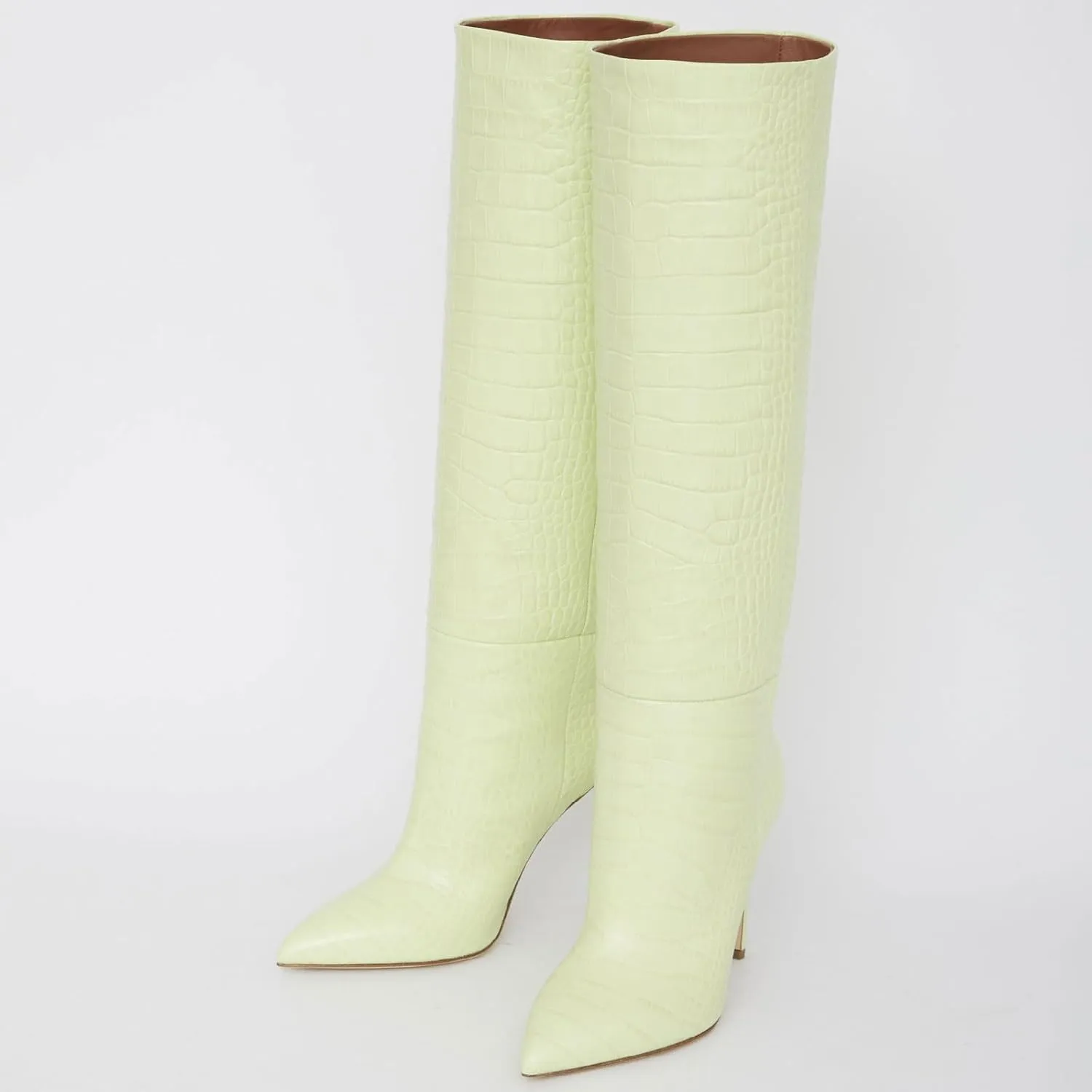 Women's Pointed Toe High Stiletto Heel Knee High Boots 3.94Inch/10cm Fashion Crocodile Calf Width Pull On High Heel Tall Boots Fall Winter Dressy Long Boots for Women
