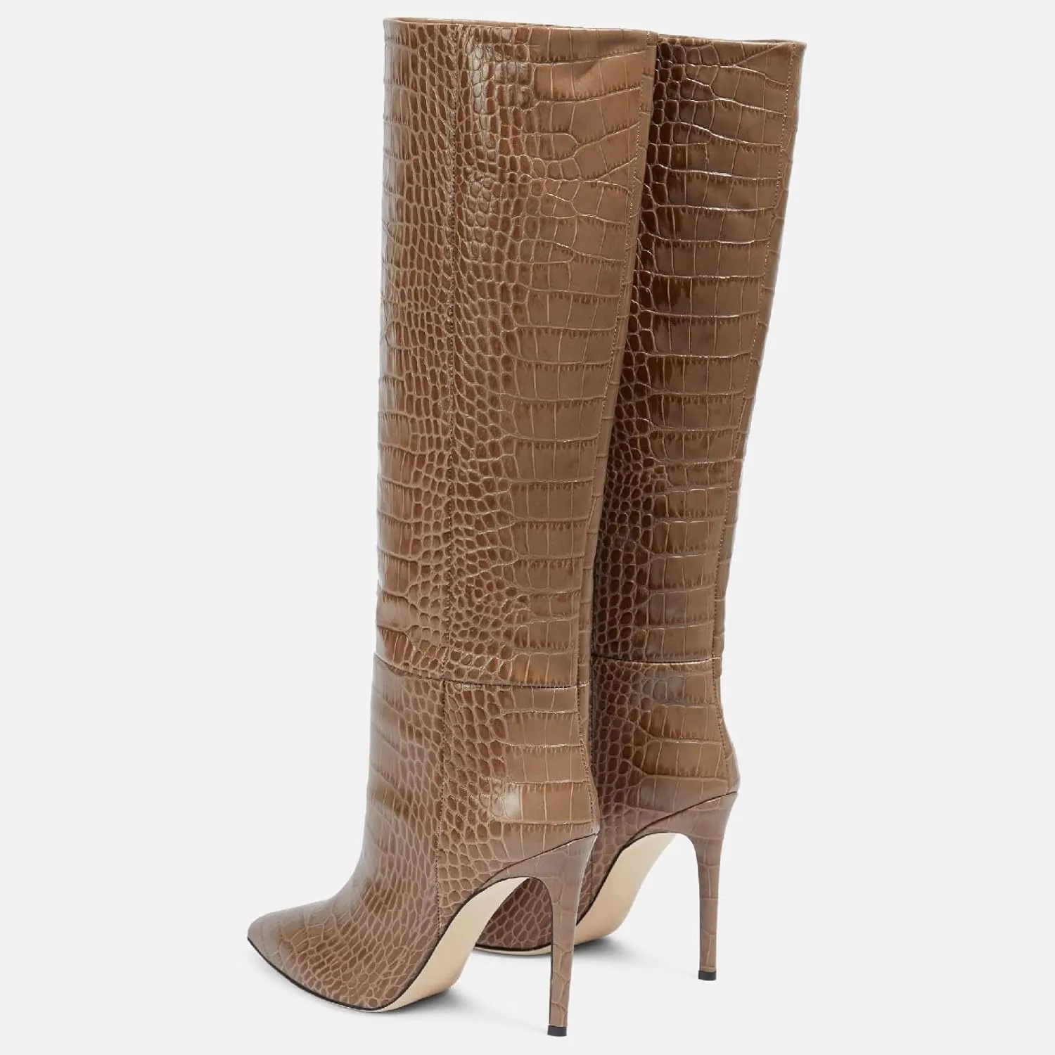 Women's Pointed Toe High Stiletto Heel Knee High Boots 3.94Inch/10cm Fashion Crocodile Calf Width Pull On High Heel Tall Boots Fall Winter Dressy Long Boots for Women