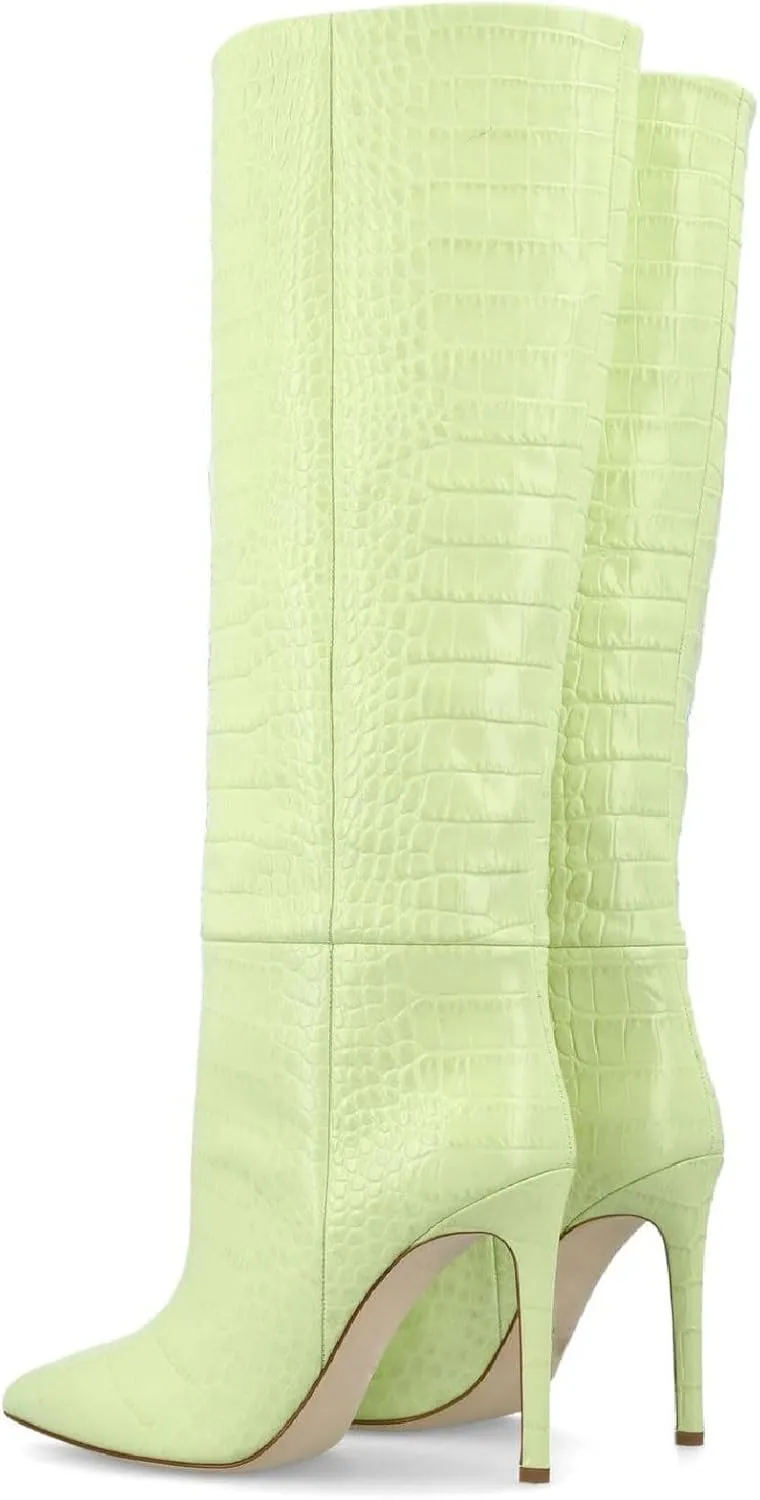 Women's Pointed Toe High Stiletto Heel Knee High Boots 3.94Inch/10cm Fashion Crocodile Calf Width Pull On High Heel Tall Boots Fall Winter Dressy Long Boots for Women