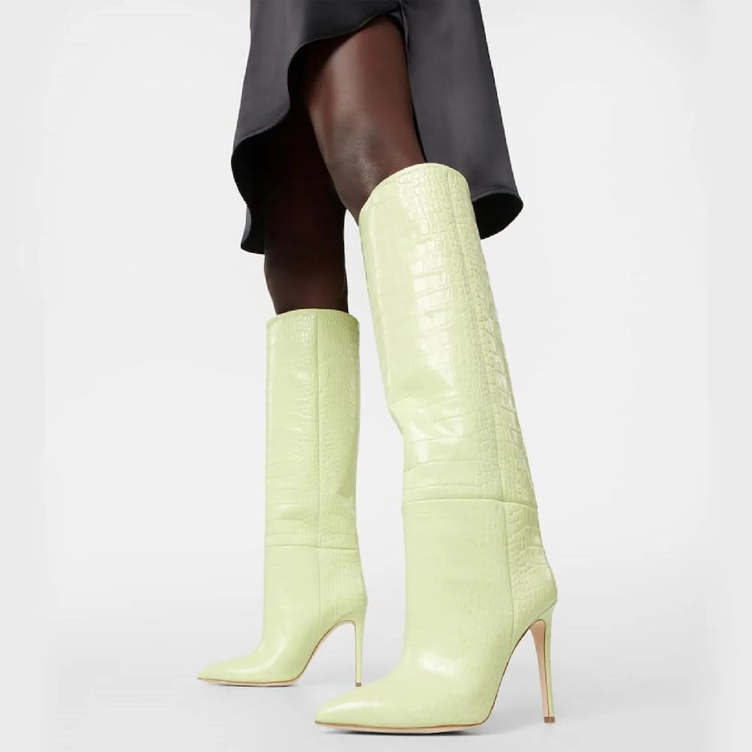 Women's Pointed Toe High Stiletto Heel Knee High Boots 3.94Inch/10cm Fashion Crocodile Calf Width Pull On High Heel Tall Boots Fall Winter Dressy Long Boots for Women