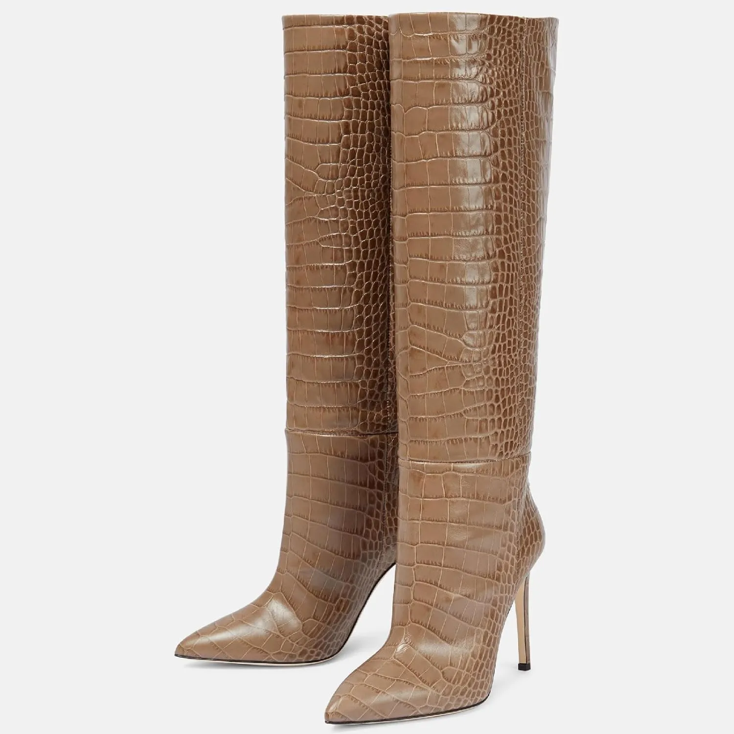 Women's Pointed Toe High Stiletto Heel Knee High Boots 3.94Inch/10cm Fashion Crocodile Calf Width Pull On High Heel Tall Boots Fall Winter Dressy Long Boots for Women