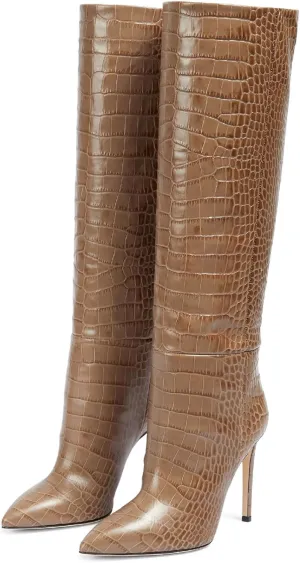 Women's Pointed Toe High Stiletto Heel Knee High Boots 3.94Inch/10cm Fashion Crocodile Calf Width Pull On High Heel Tall Boots Fall Winter Dressy Long Boots for Women