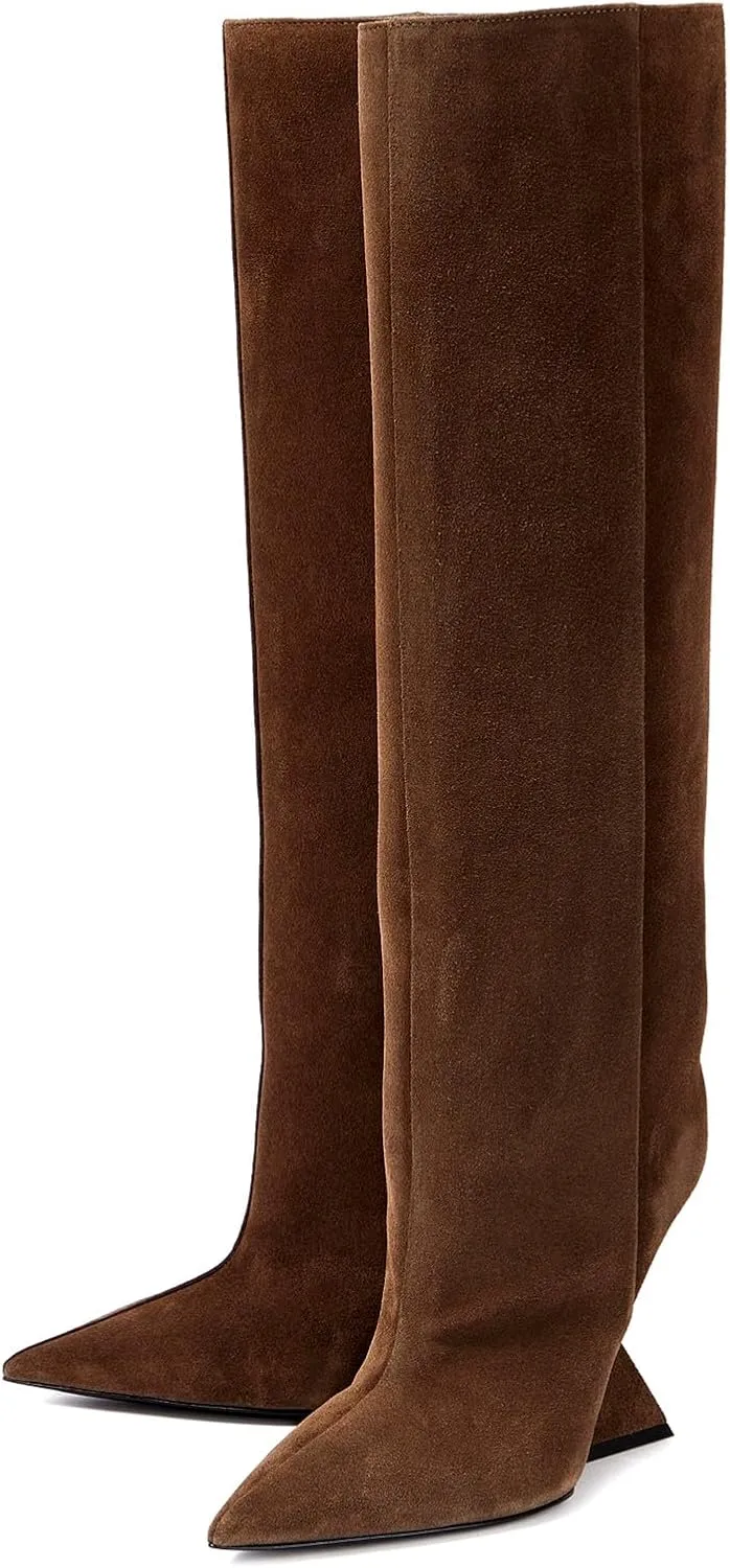 Women's Pointed Toe Slope Heel Knee High Boots Special High Wedge Heel Pull On Boots for Women Fashion Commuter Tall Boots