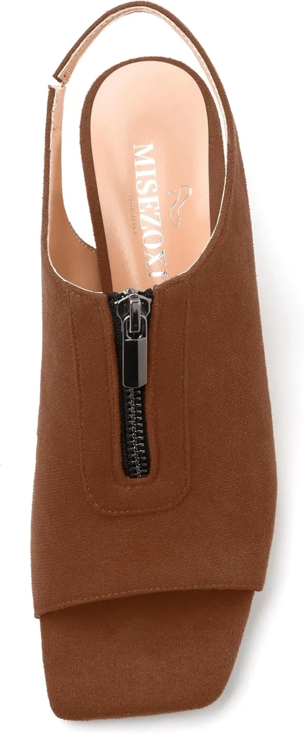 Womens Pumps, Square Peep Toe Block Heel Pumps for Women, Chunky Heel Open Toe Backless Pumps with Front Zipper 2