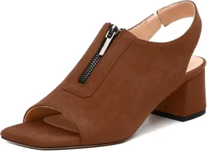 Womens Pumps, Square Peep Toe Block Heel Pumps for Women, Chunky Heel Open Toe Backless Pumps with Front Zipper 2