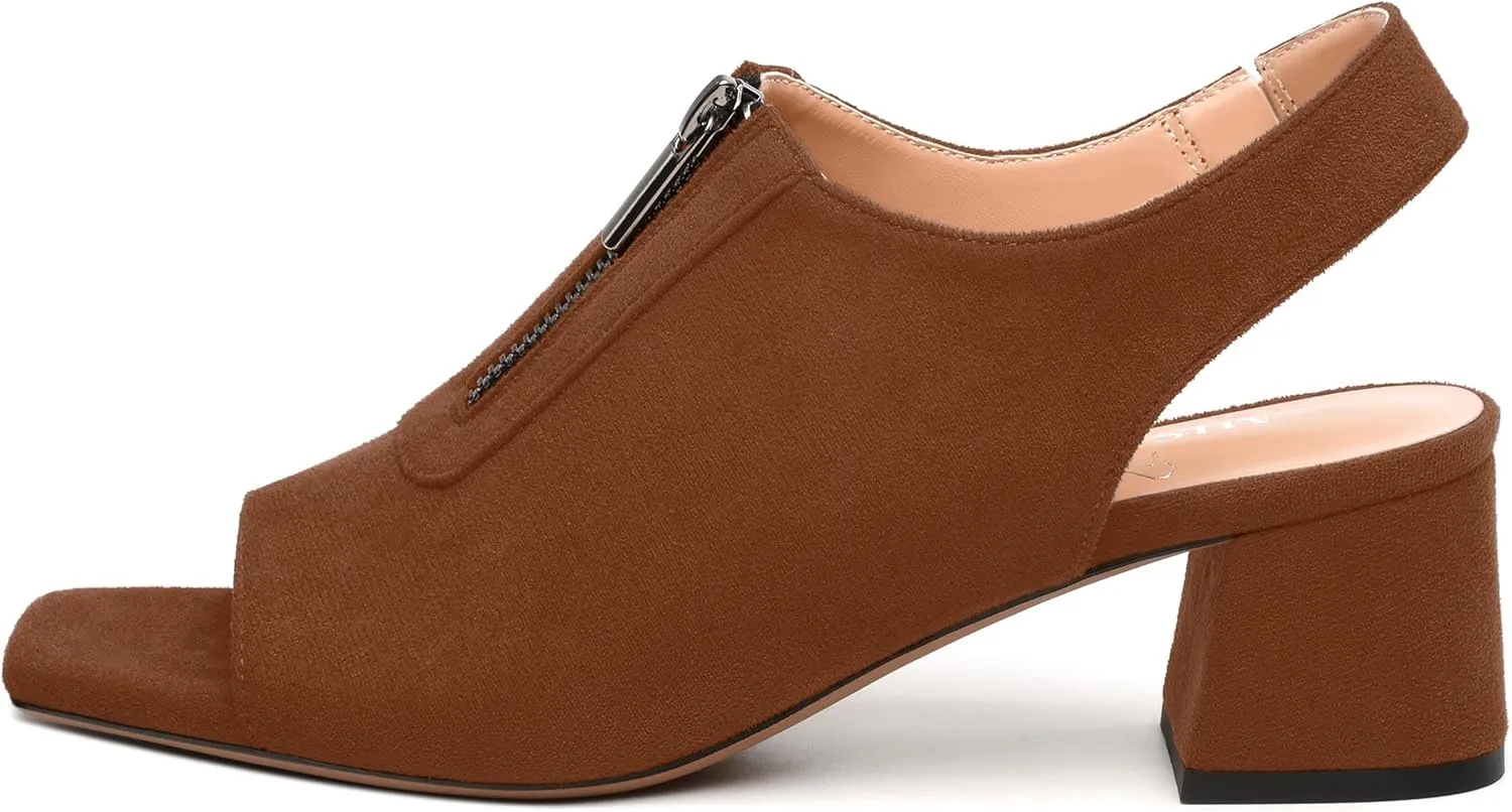 Womens Pumps, Square Peep Toe Block Heel Pumps for Women, Chunky Heel Open Toe Backless Pumps with Front Zipper 2