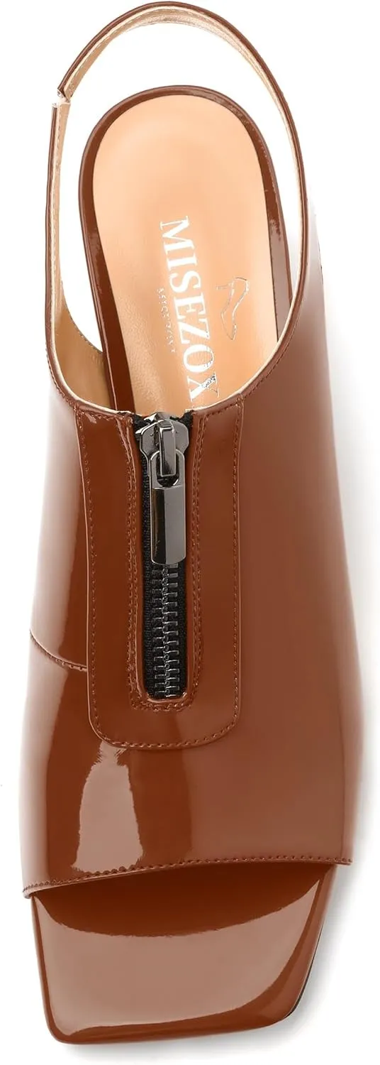 Womens Pumps, Square Peep Toe Mid Block Heel Slingback Pumps for Women, Open Toe Backless Pumps with Front Zipper 2